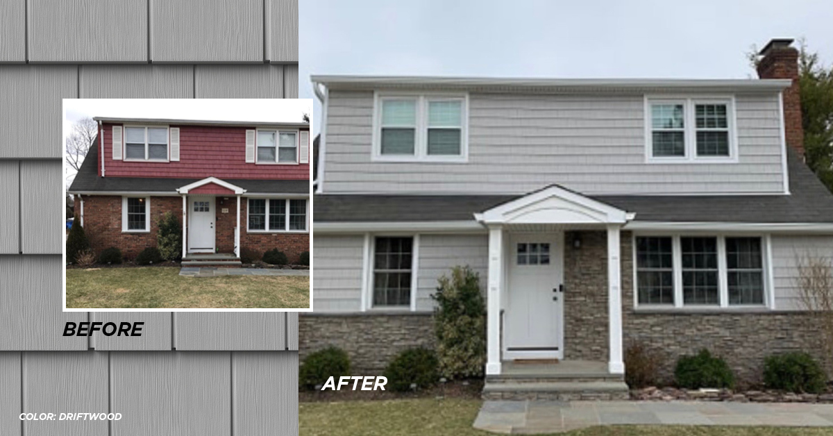 Before and after photo Driftwood color siding