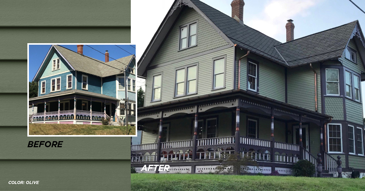 Before and after photo Olive color siding