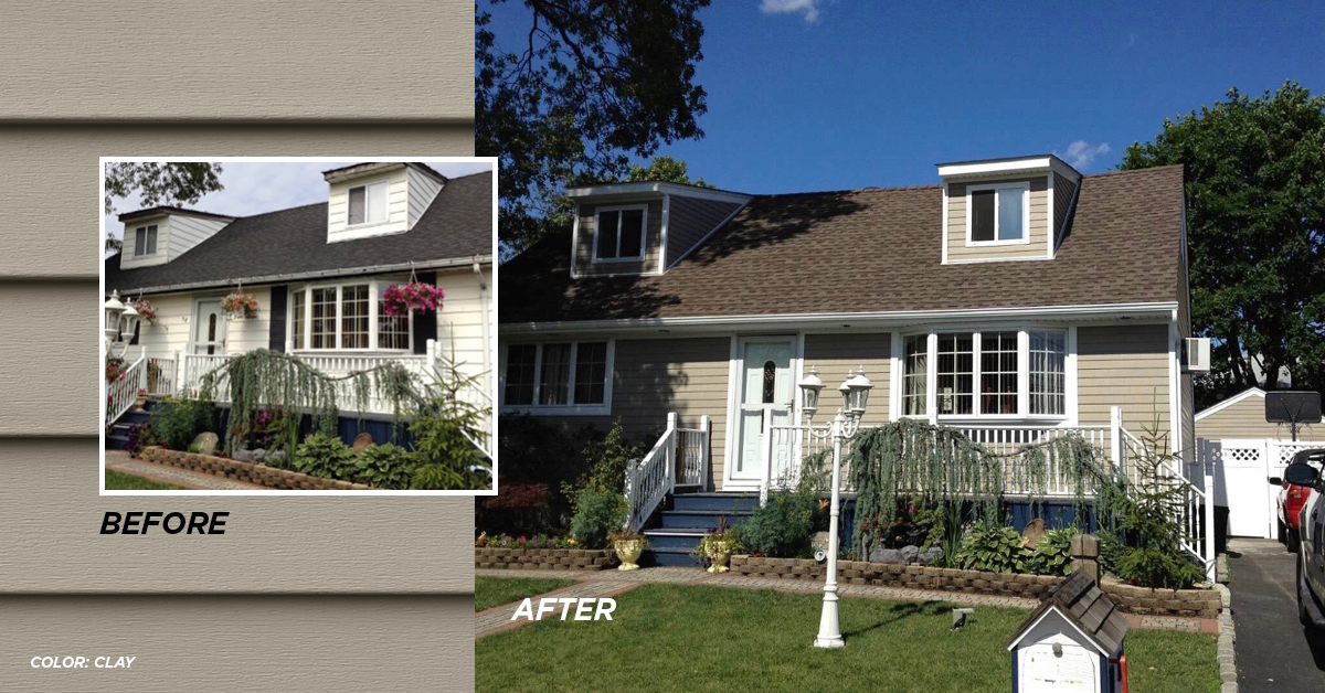 Before and after photo Clay color siding