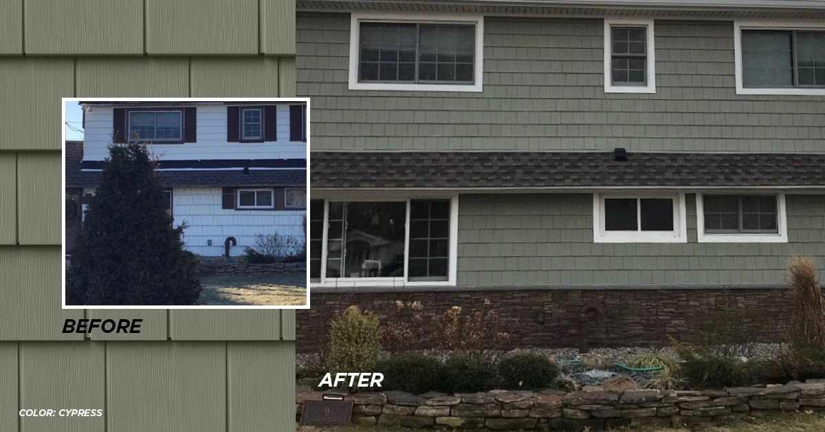 Before and after photo Cypress color siding