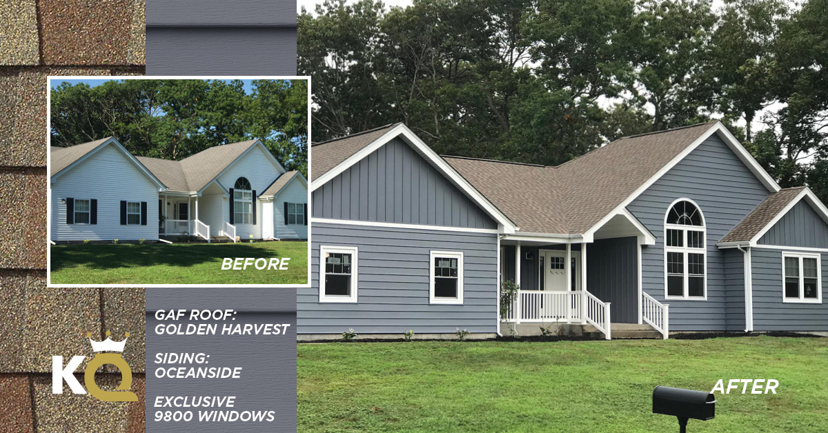 Before and after photo Oceanside color siding, Golden Harvest GAF Roof and Exclusive 9800 Windows