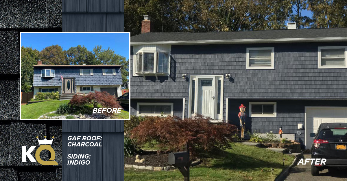 Before and after photo Indigo color siding and Charcoal GAF Roof